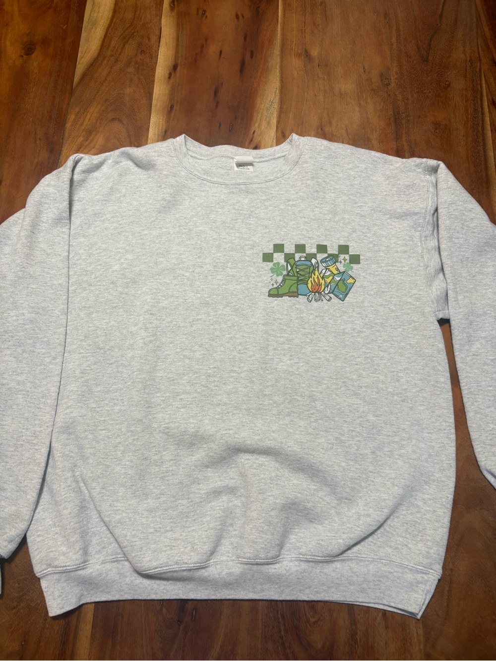 In My Girl Scout Era Light Gray Crewneck Sweatshirt with Green Camping Graphic